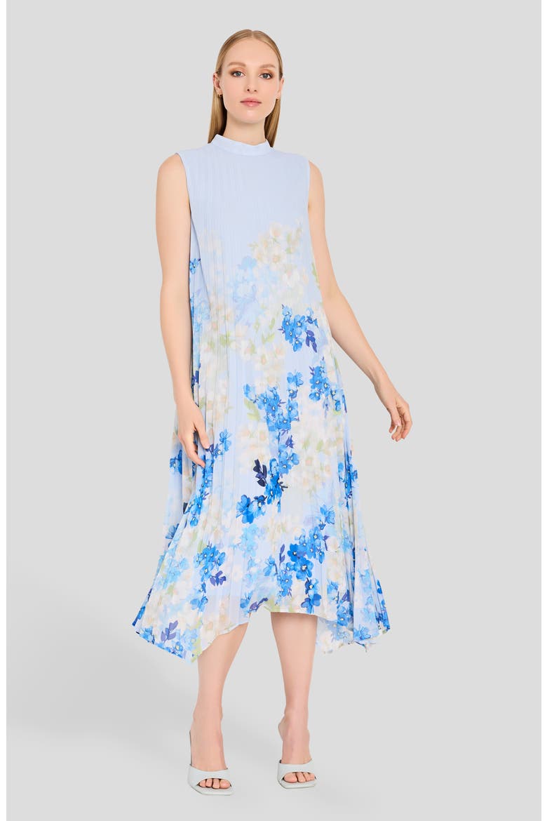 Border Print Pleated Tie Waist Midi Dress, Alternate, color, IVORY BLUE FLORAL