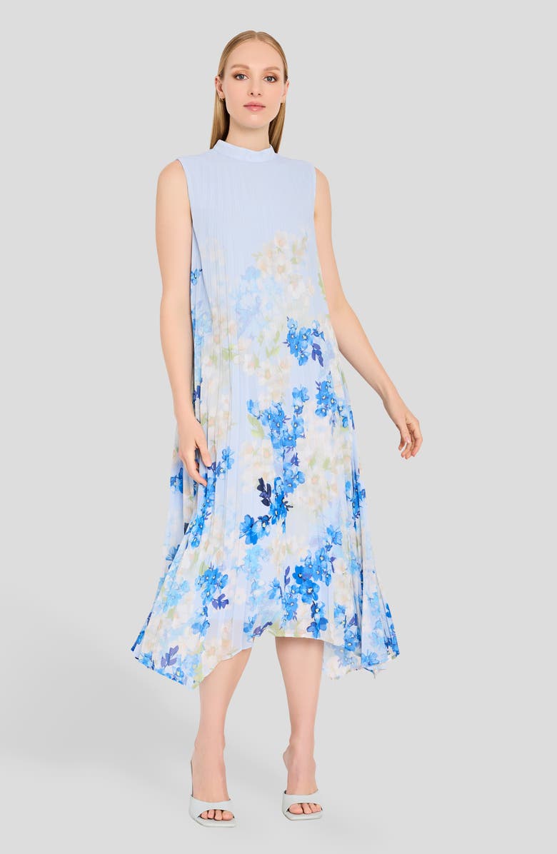 Tahari ASL Border Print Pleated Tie Waist Midi Dress, Alternate, color, Ivory Blue Floral
