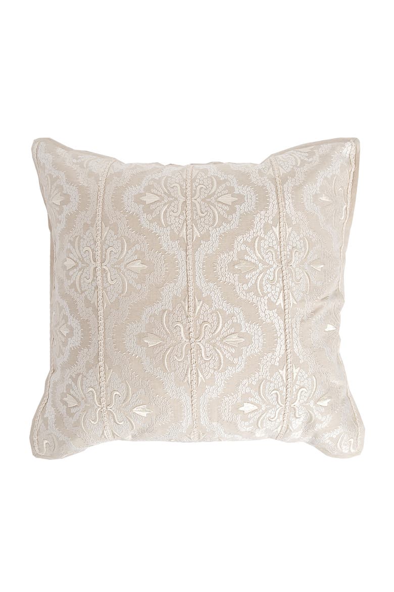 Lyra Ivory White Damask Victorian Embroidered Accent Throw Pillow 18" x 18", Main, color, Brown