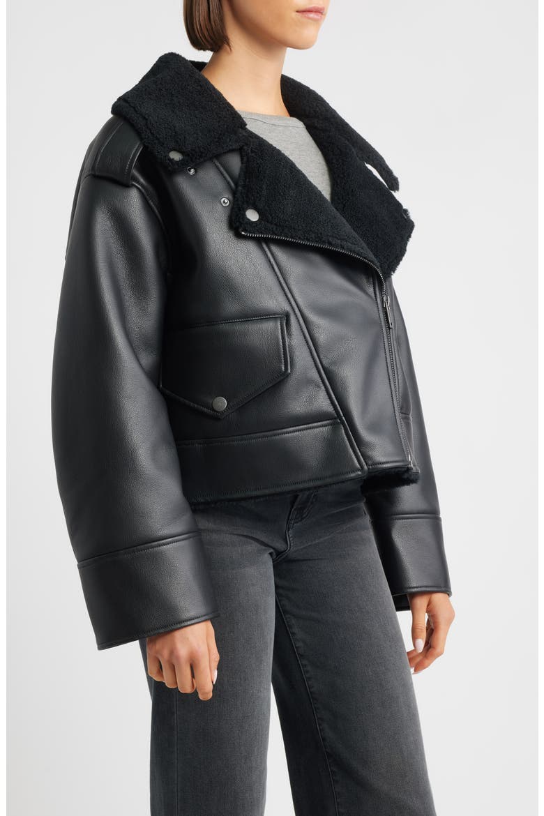 Finnian Oversize Faux Leather & LuxeFluff Moto Jacket, Alternate, color, BLACK