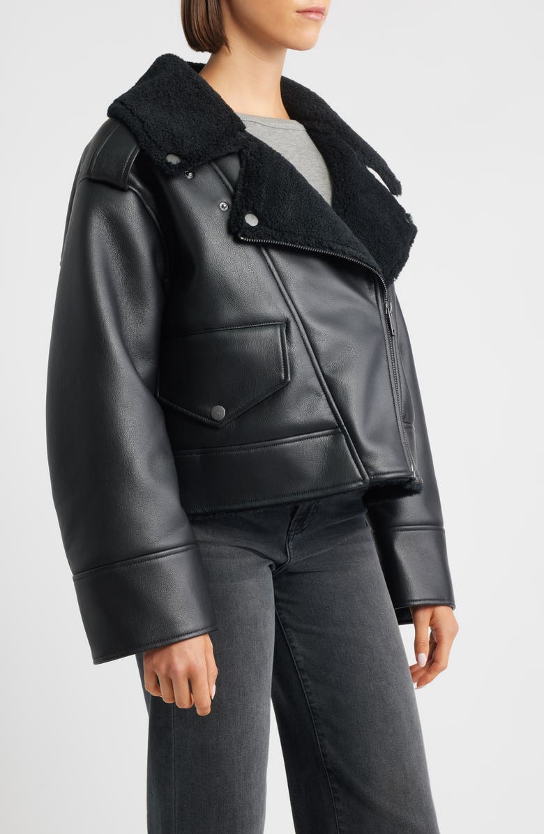 UGG<sup>®</sup> Finnian Oversize Faux Leather & LuxeFluff Moto Jacket, Alternate, color, Black