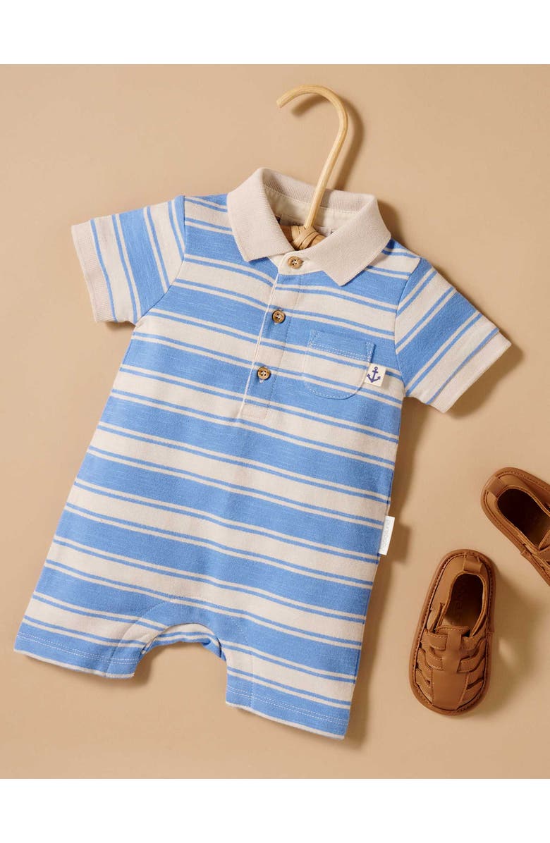 Purebaby Striped Polo Romper, Alternate, color, Ocean Stripe