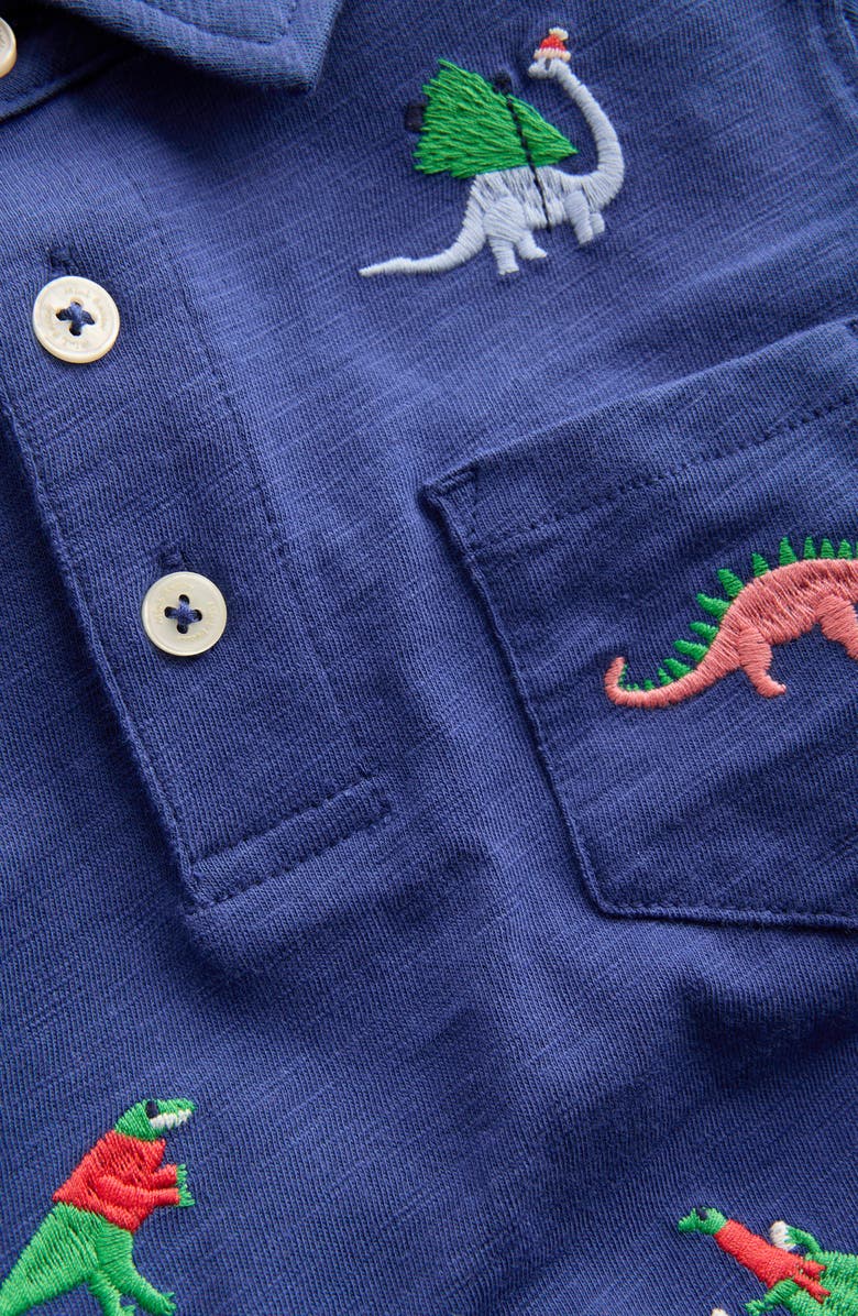 Mini Boden Kids' Embroidered Slub Polo, Alternate, color, Starboard Blue Dino