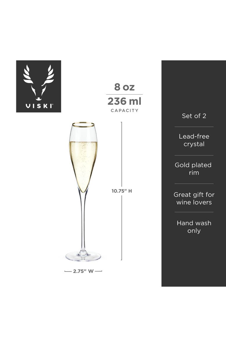 Viski Gold Rimmed Crystal Champagne Flutes Set of 2, Alternate, color, Clear