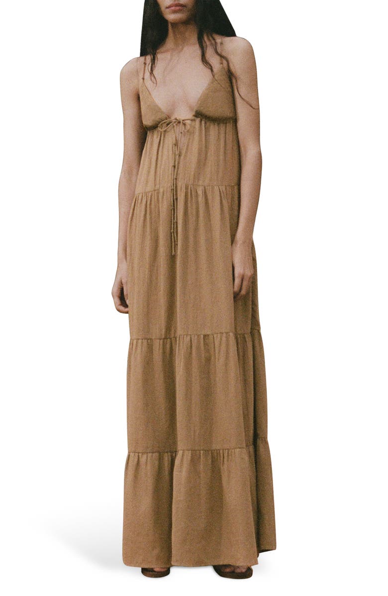 MANGO Ruched Tiered Cotton Midi Sundress, Main, color, Light/ Pastel Grey