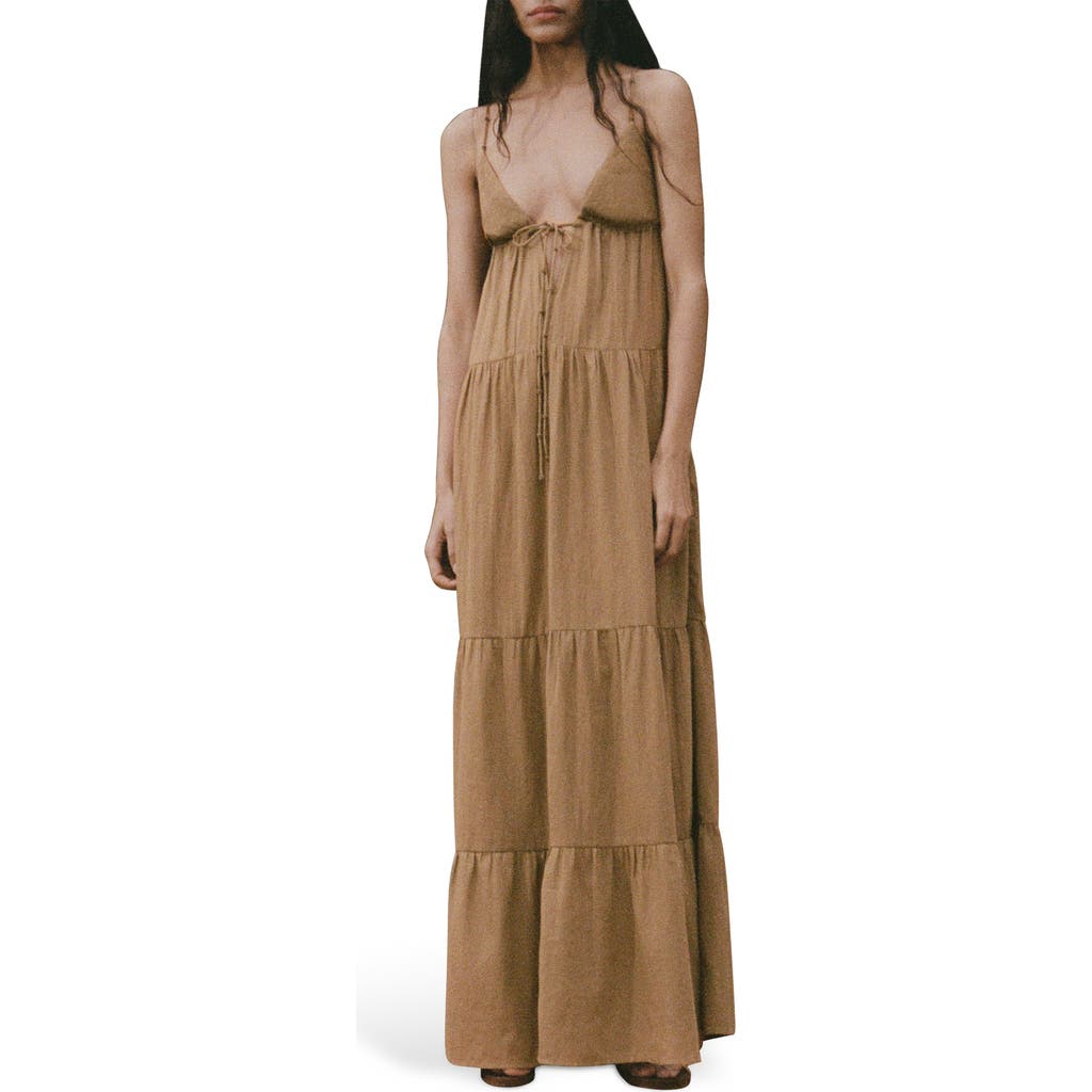 Mango Ruched Tiered Cotton Midi Sundress In Brown