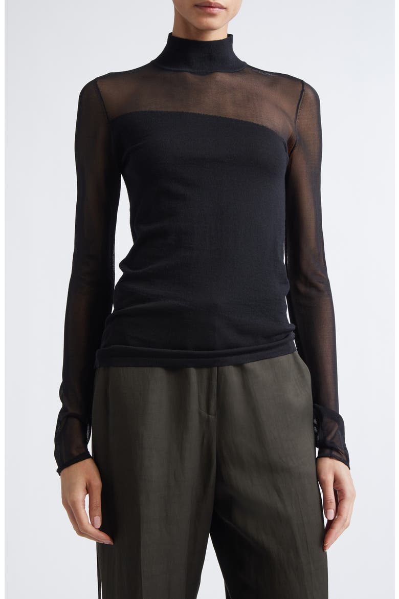 Sheer Inset Merino Wool Turtleneck Sweater, Alternate, color, BLACK/ BLACK
