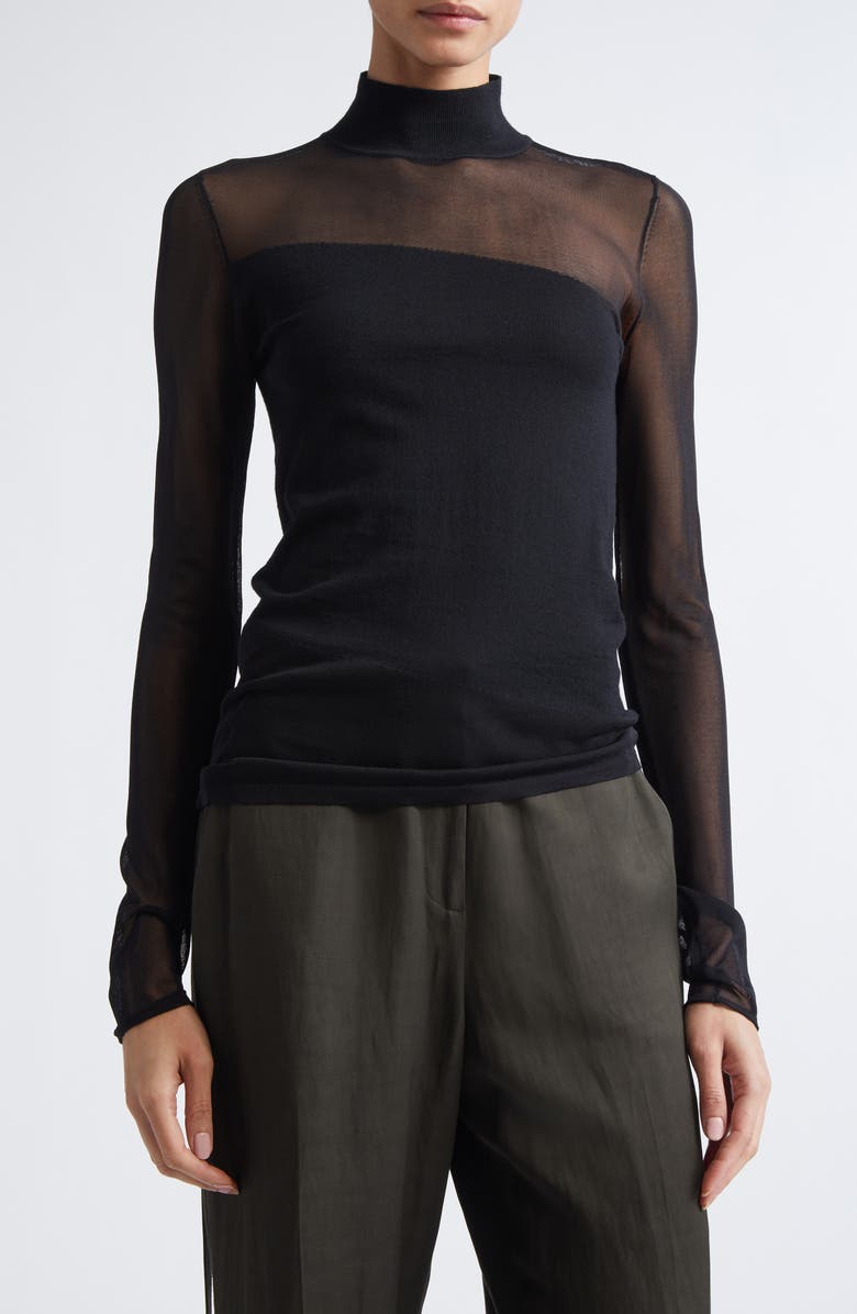 Jason Wu Collection Sheer Inset Merino Wool Turtleneck Sweater, Alternate, color, Black/ Black