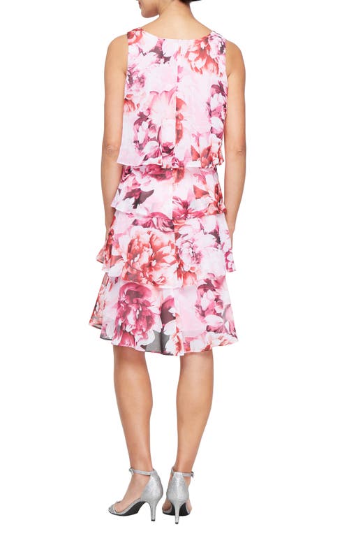 Sl Fashions Floral Crossover Tiered Minidress In Pink Multi