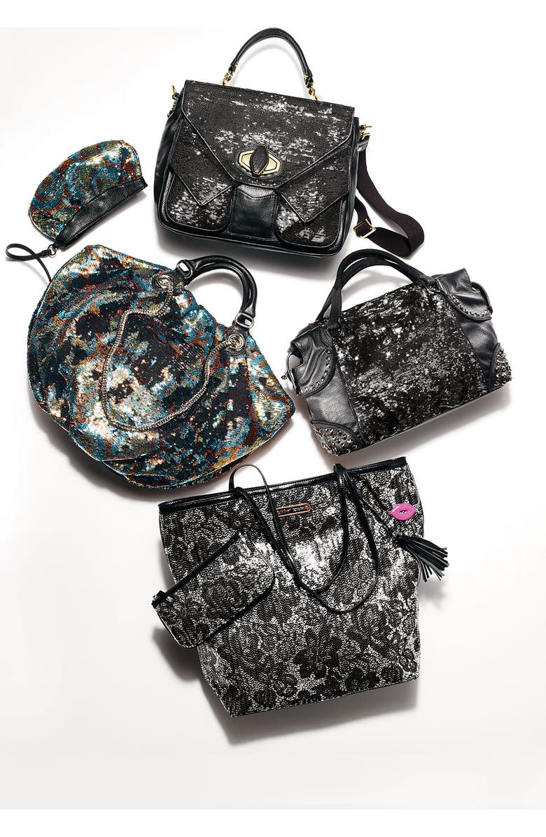 BCBGMAXAZRIA Reversible Sequin Faux Leather Satchel, Alternate, color,