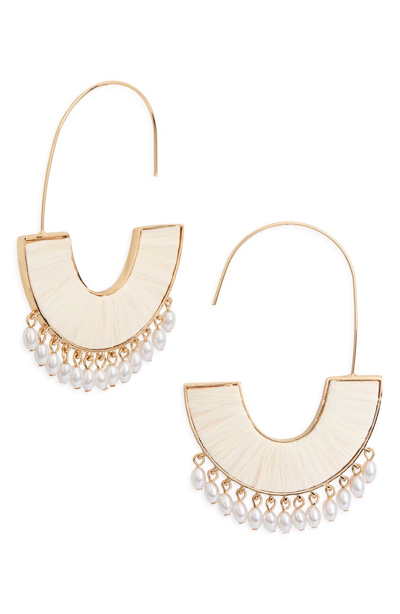 BaubleBar Raffia & Faux Pearl Drop Threader Earrings, Main, color, White