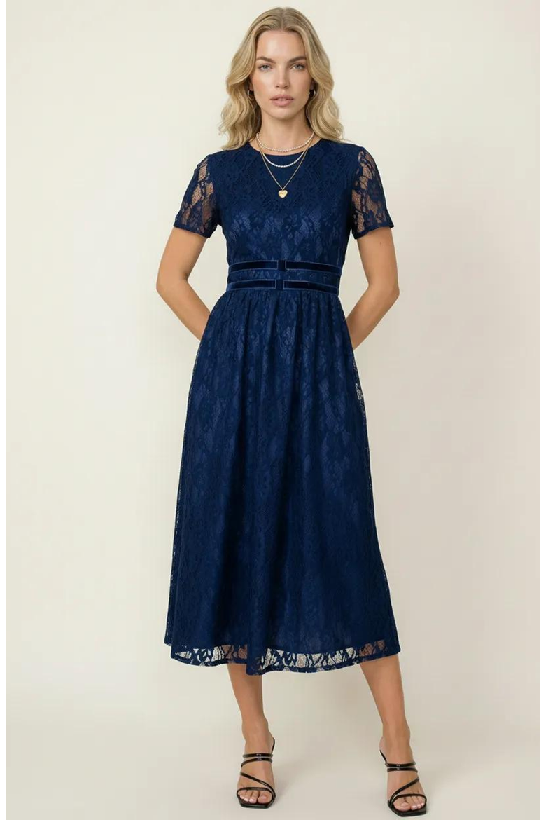 Lace Midi Dress with Sheer Short Sleeves and Velvet Waistband Detail, Main, color, Navy