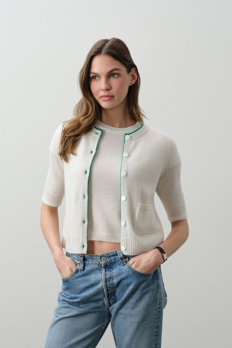 Ana Elbow Sleeve Cashmere Cardigan, Alternate, color, ECRU/TURF