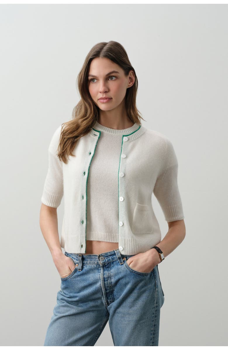 NAKED CASHMERE Ana Elbow Sleeve Cashmere Cardigan, Alternate, color, Ecru/Turf