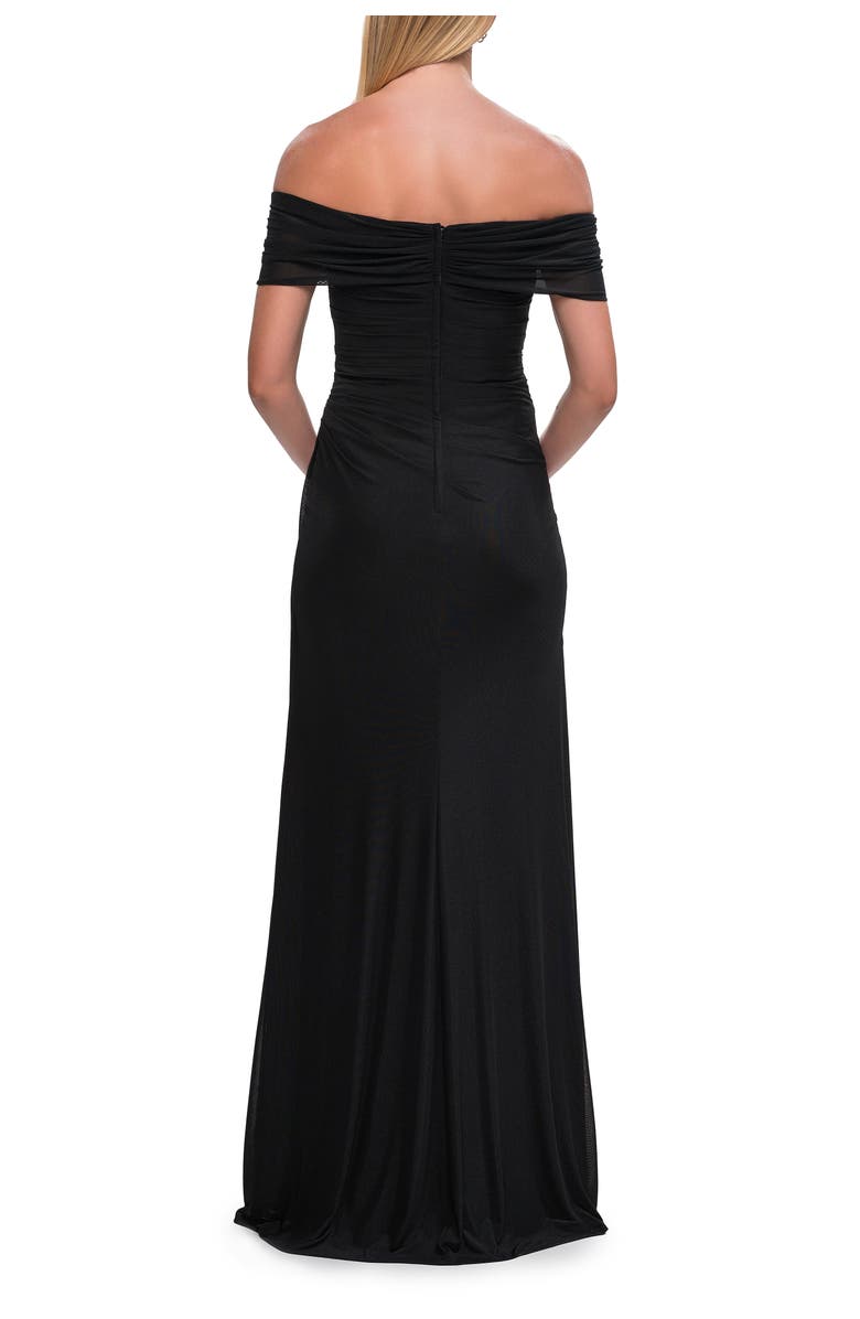 La Femme Off-the-Shoulder Ruched Jersey Gown, Alternate, color, Black