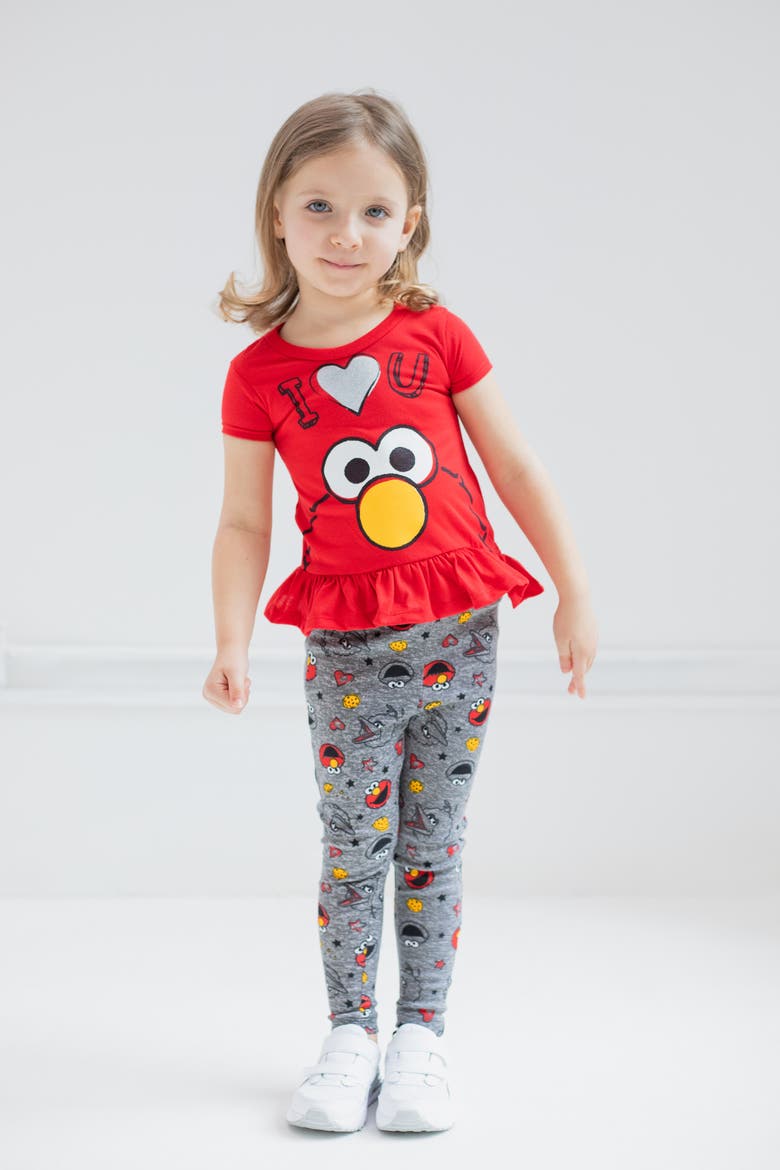 Glitter 2-Piece T-Shirt and Leggings Set, Alternate, color, Red Elmo Heather Grey