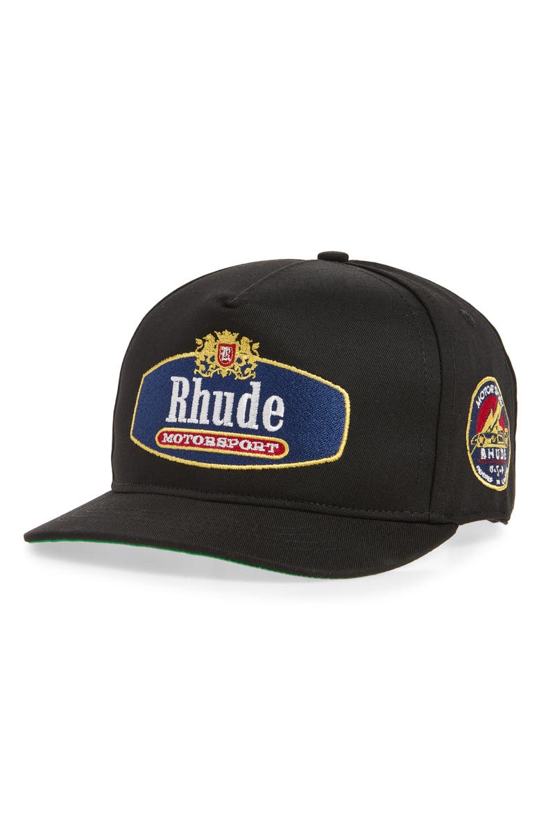 Rhude Racing Crest Embroidered Twill Baseball Cap, Main, color, Black / Navy