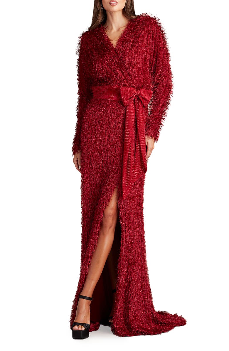 Tadashi Shoji Allover Fringe Long Sleeve Gown, Main, color, 