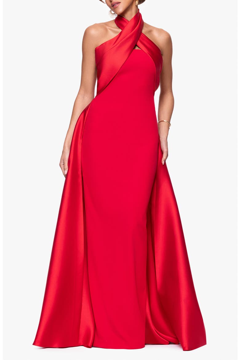 Twist Halter Neck Mikado Scuba Crepe Gown, Main, color, RED
