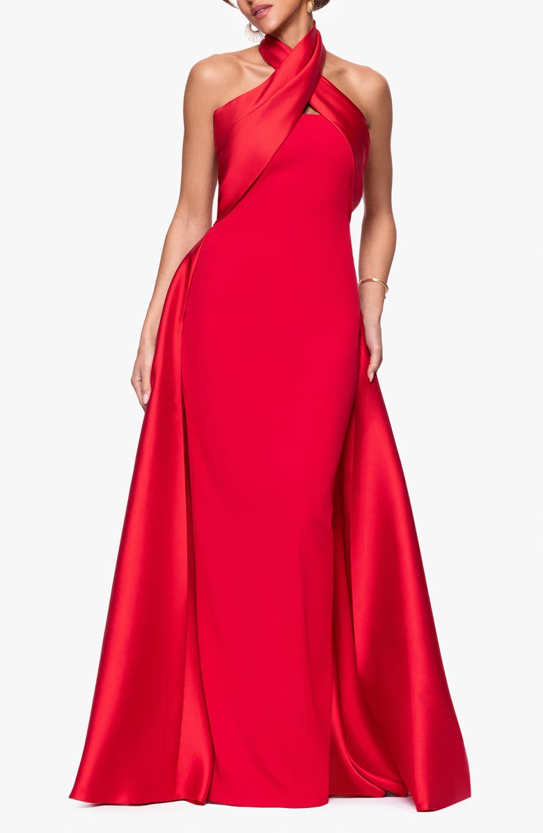 Betsy & Adam Twist Halter Neck Mikado Scuba Crepe Gown, Main, color, Red