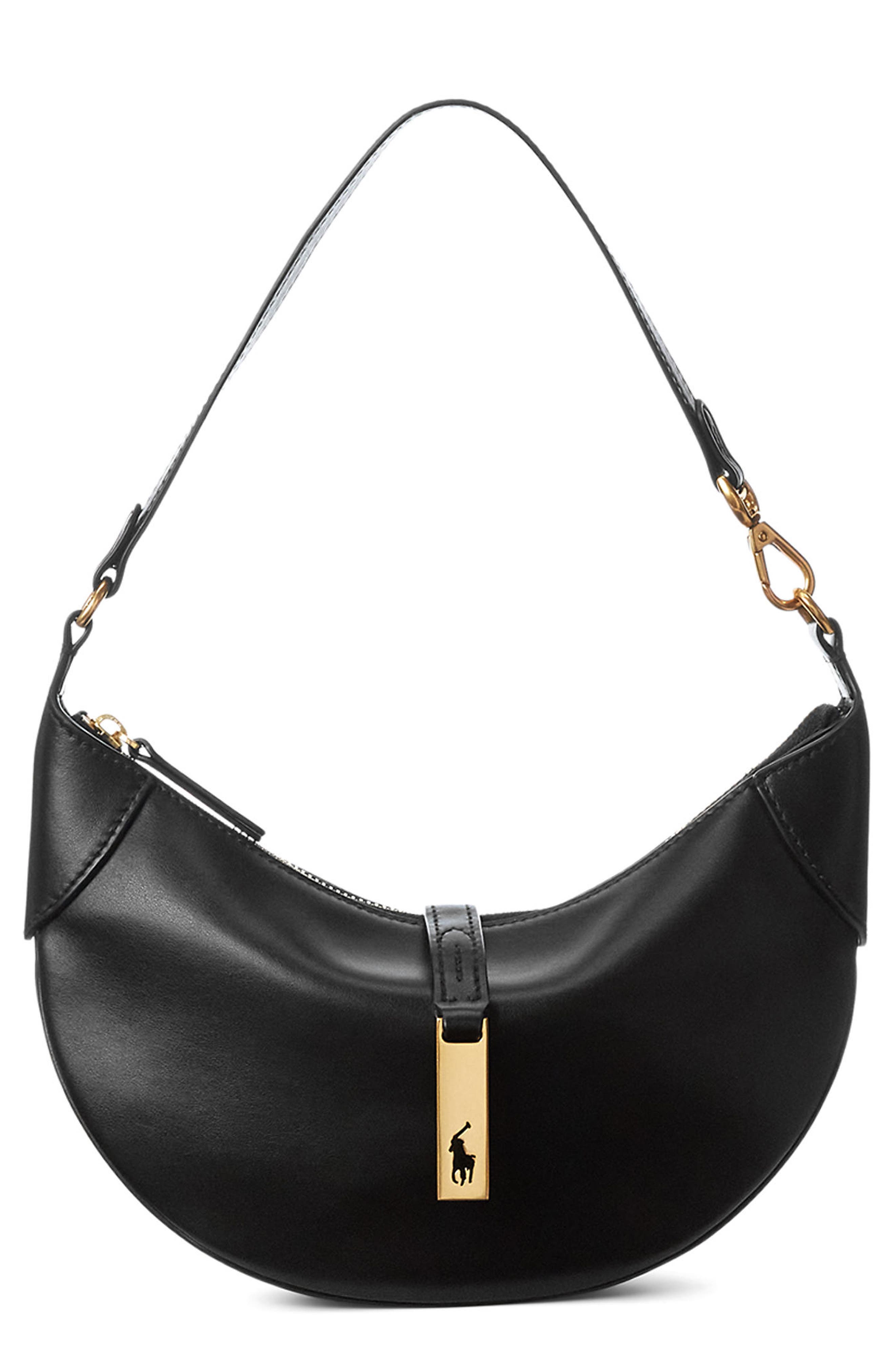 Polo Ralph Lauren Medium Polo ID Calf Leather Shoulder Bag, Main, color, Black
