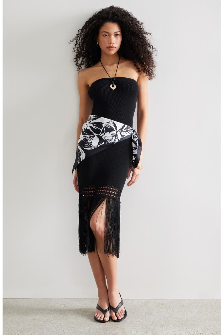 Strapless Fringe Sweater Tube Dress, Alternate, color, BLACK