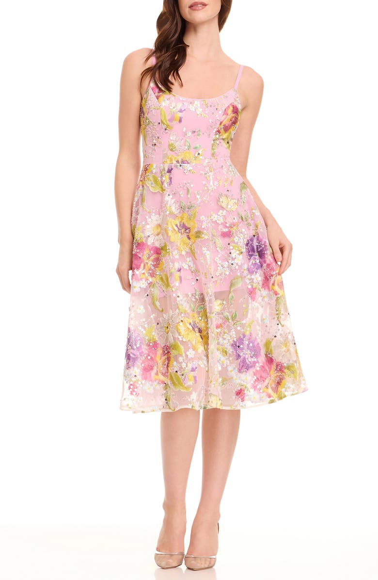 Dress the Population Uma Floral Embroidered Fit & Flare Dress, Main, color, Lilac Multi
