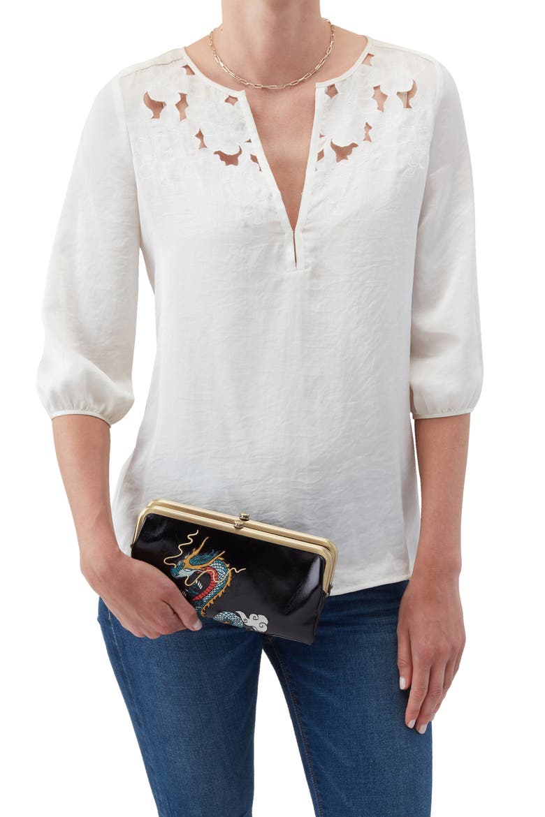 Leather Double Frame Clutch, Alternate, color, BLACK