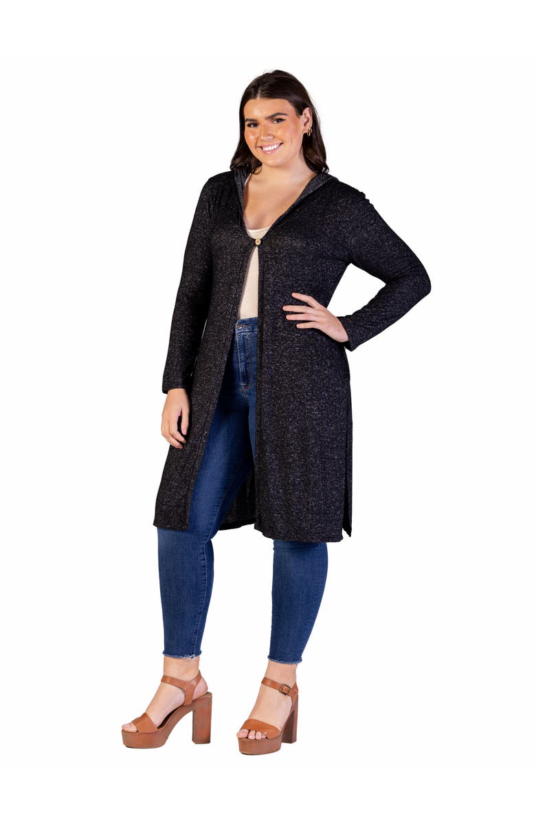 24seven Comfort Apparel Knee Length Long Sleeve Hooded Cardigan Shrug, Alternate, color, Black