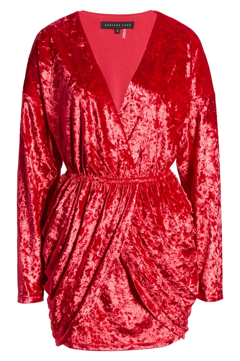 Wrap Front Long Sleeve Crushed Velvet Minidress, Alternate, color, RED