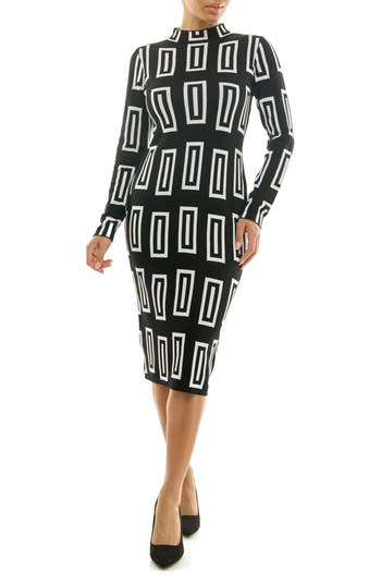 Nina Leonard Long Sleeve Jacquard Sheath Dress In Black