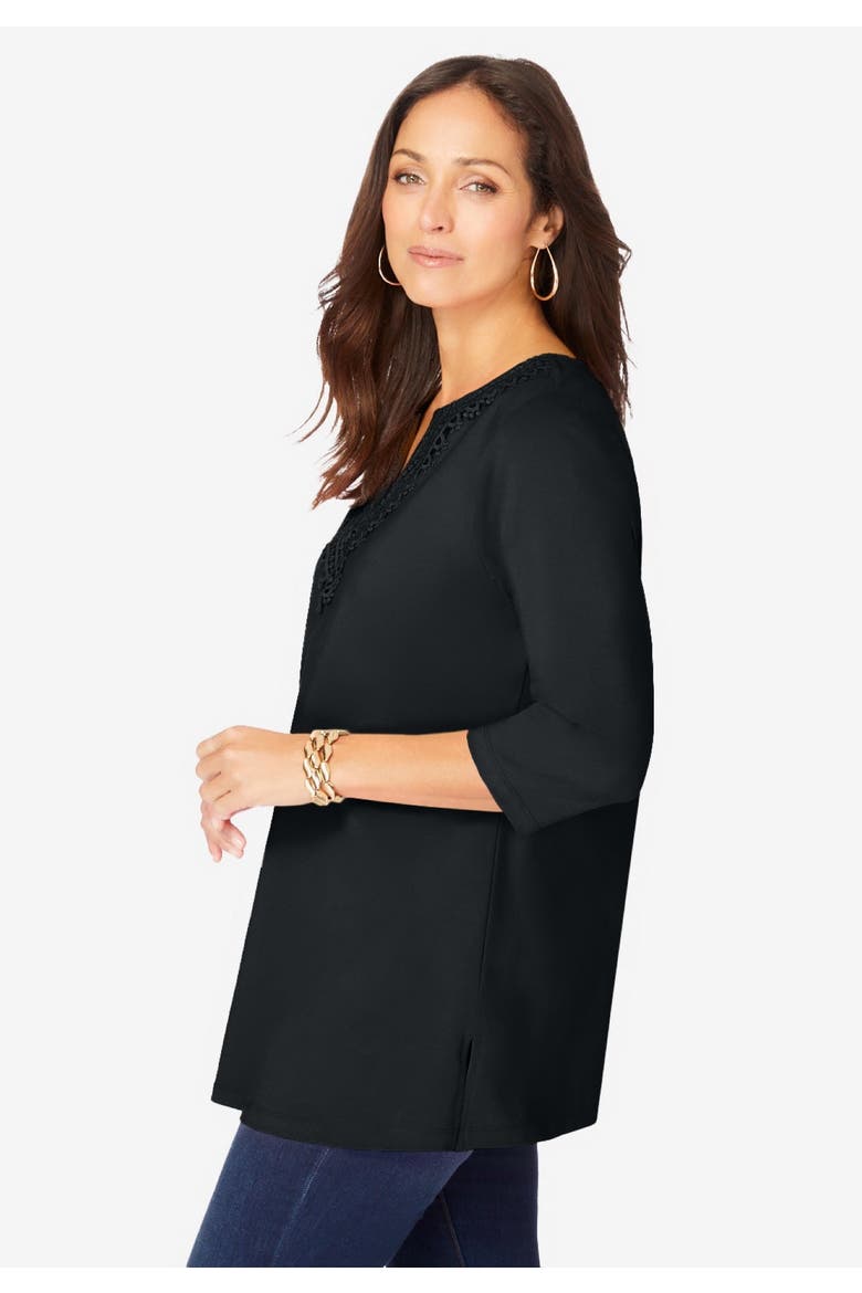 Stretch Cotton Crochet Notch Neck Tunic, Alternate, color, BLACK