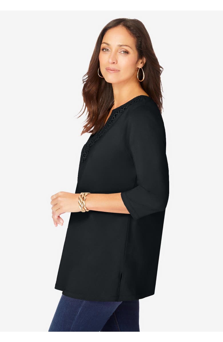 Jessica London Stretch Cotton Crochet Notch Neck Tunic, Alternate, color, Black