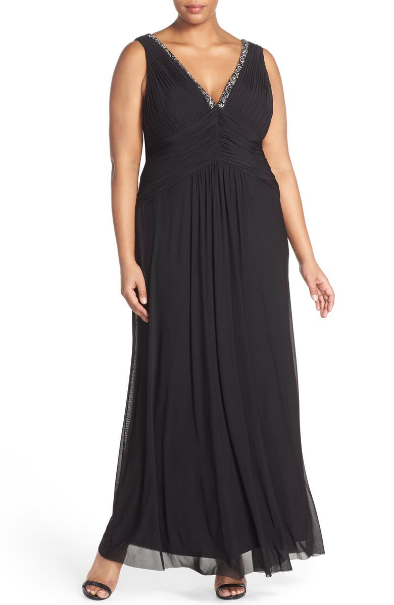 Marina Beaded V-Neck Pleat Mesh Gown, Main, color, 