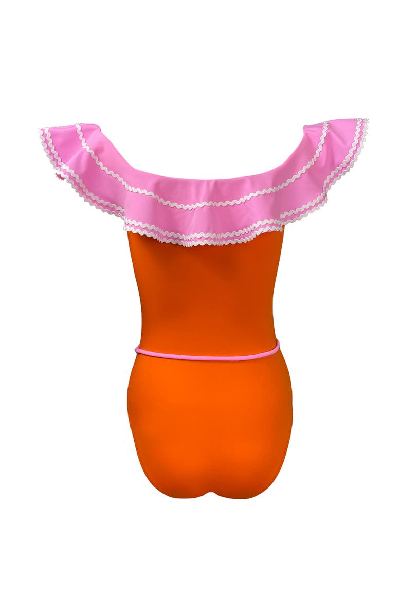 NESSI BYRD Kids' Off Shoulder Crochet Flower Belt One-Piece Swimsuit, Alternate, color, Orange-Pink