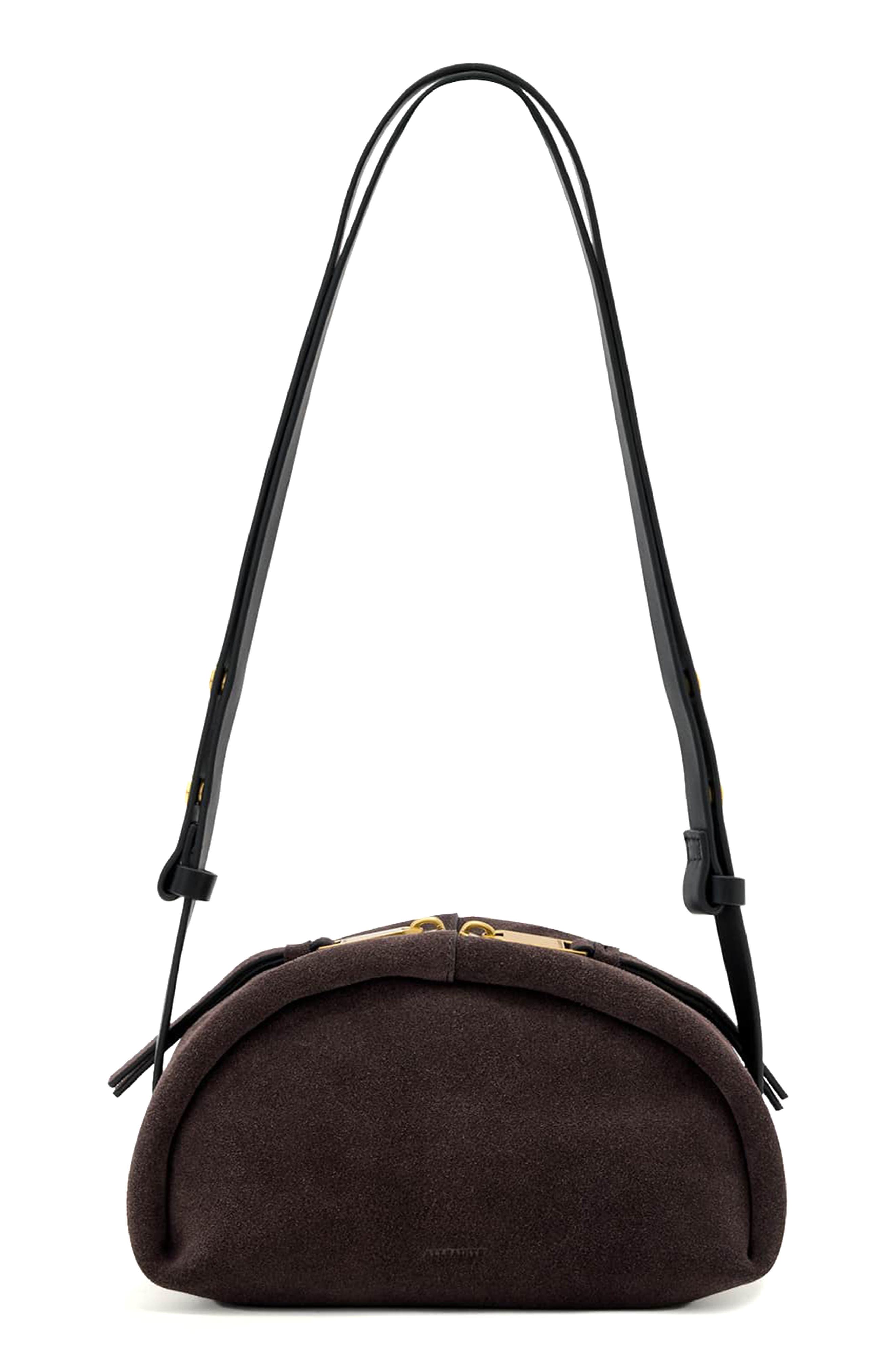 AllSaints Rosalie Arc Suede Crossbody Bag, Main, color, Burnt Umber Red