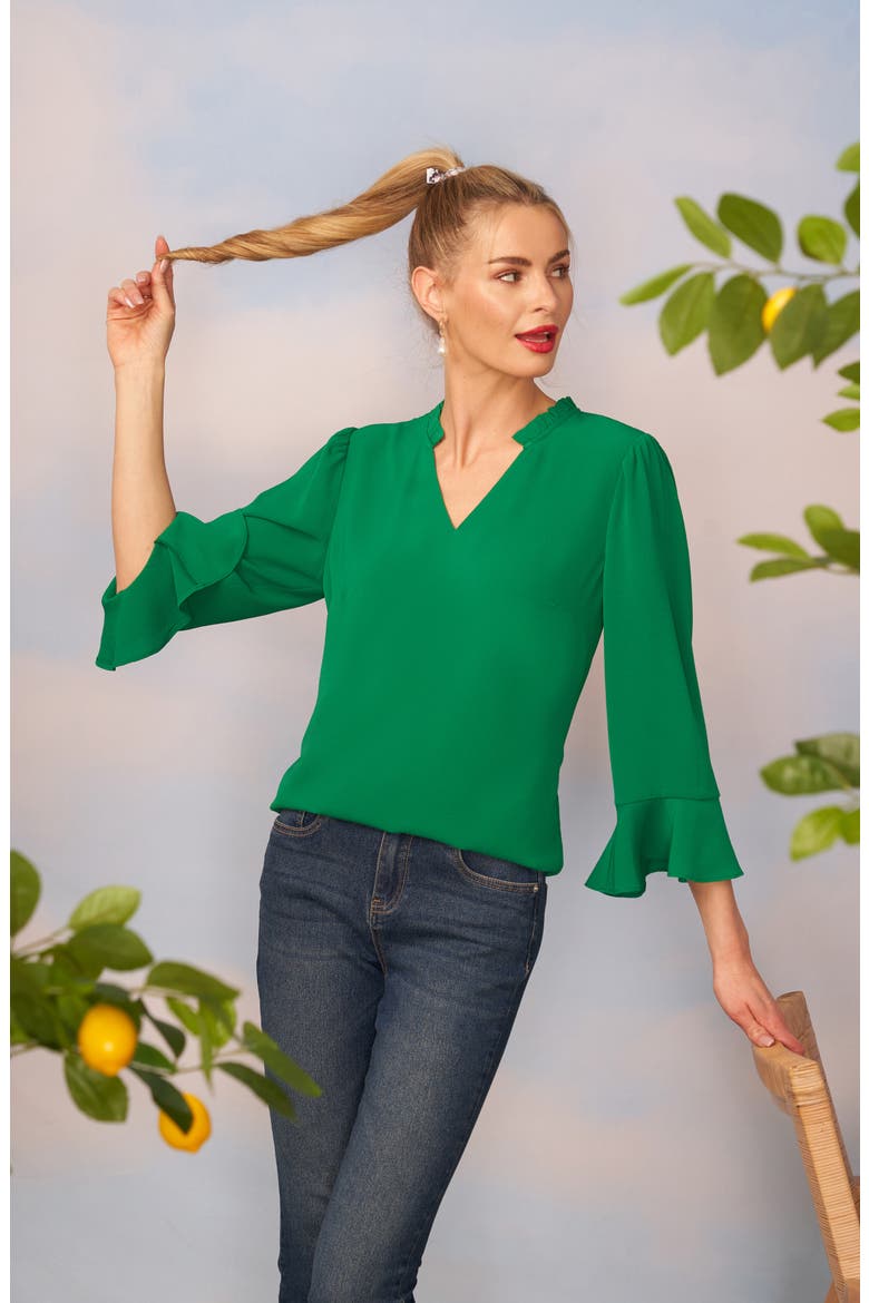 Ruffle Cuff Crepe Top, Alternate, color, GREEN