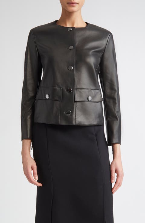 Collarless Lambskin Leather Jacket