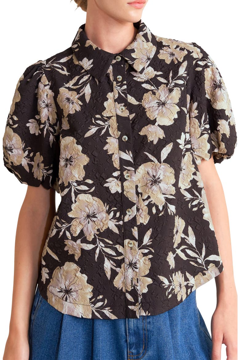 Textured Floral Puff Sleeve Shirt, Main, color, DARK BROWN