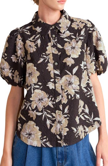Freemarket Textured Floral Puff Sleeve Shirt In Dark Brown