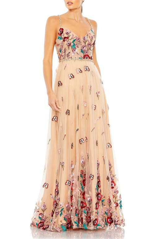 Mac Duggal Bead And Gemstone Encrusted Floral Detail A Line Gown In Nude Multi