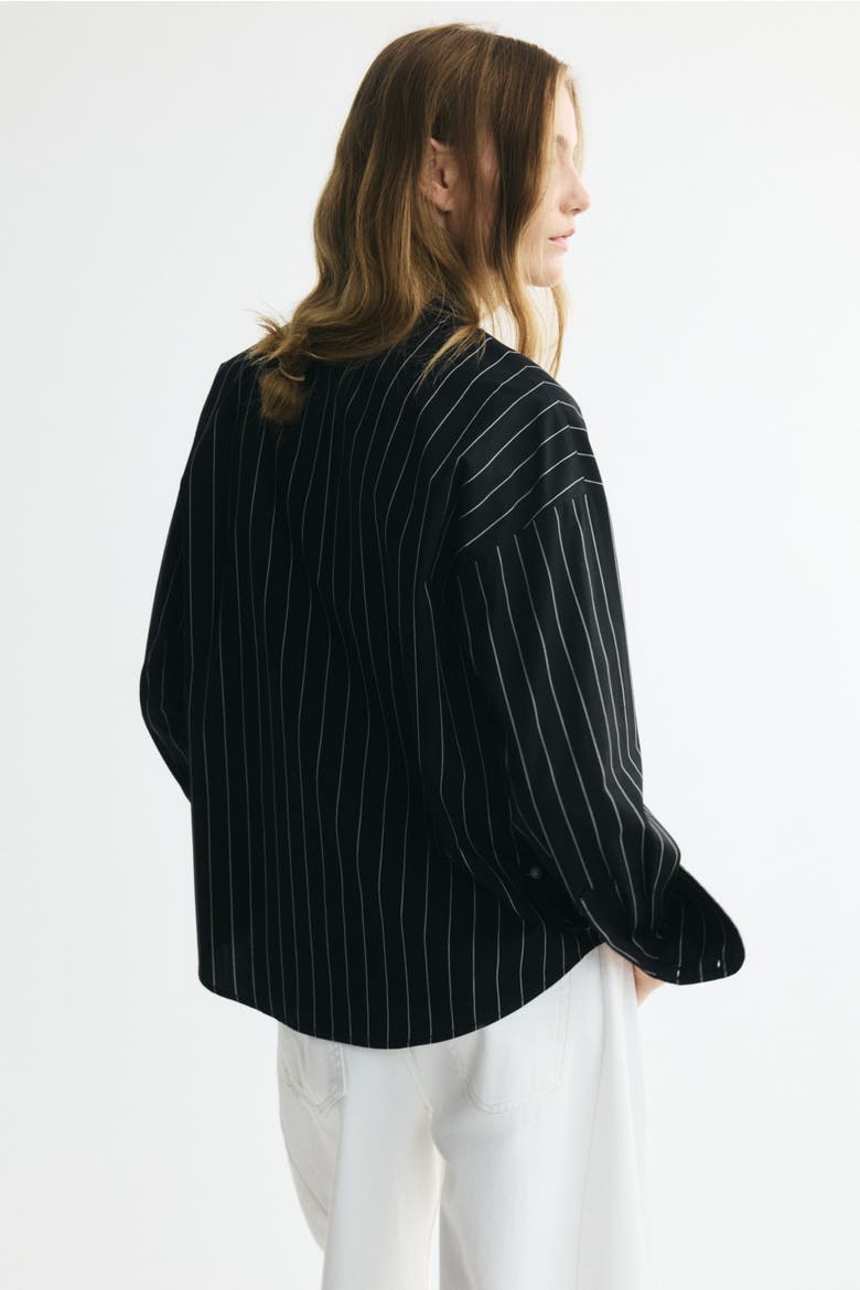 Cotton Blouse With Scarf Collar, Alternate, color, Black/pinstriped