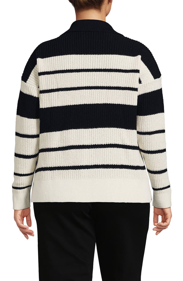 Lands' End Plus Size Cotton Boucle Johnny Collar Textured Sweater, Alternate, color, Ivory/Black Stripe