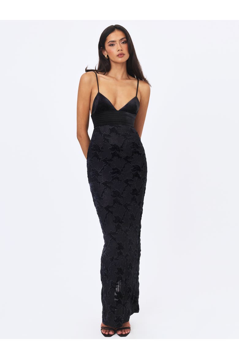 Quinsley Velvet Crystal Lace Maxi Dress, Alternate, color, Black