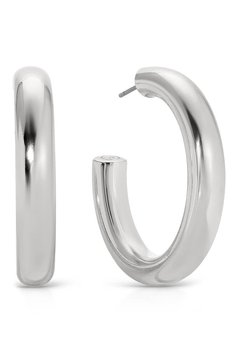 Medium Thick Classic Hoop Earrings, Main, color, RHODIUM