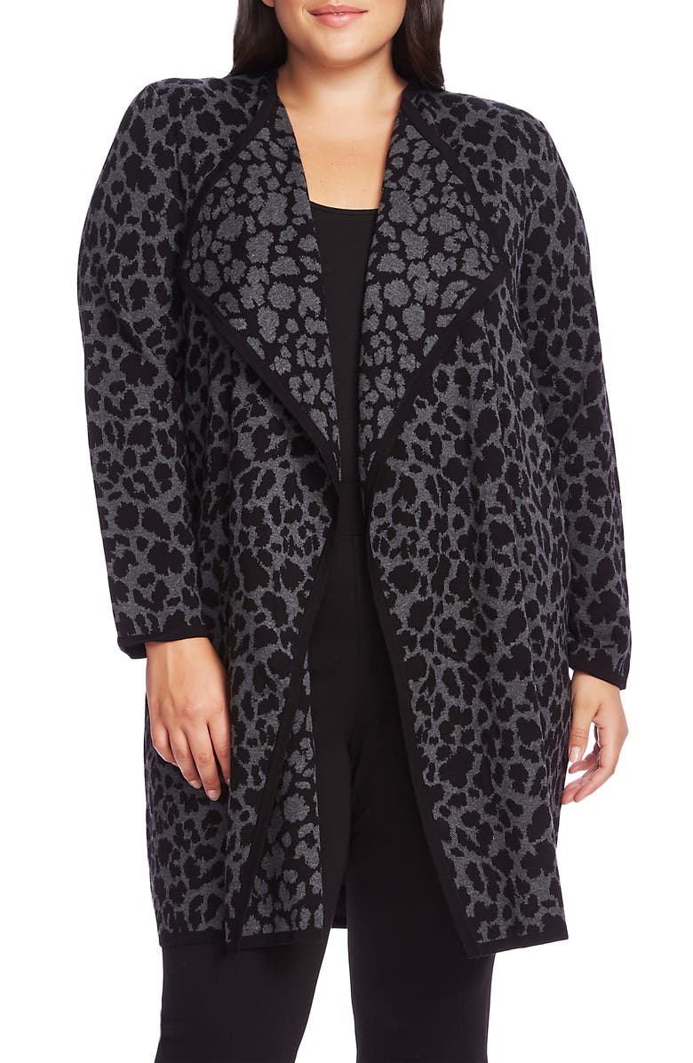 Vince Camuto Cheetah Pattern Drape Front Cardigan, Main, color, Med Heather Grey