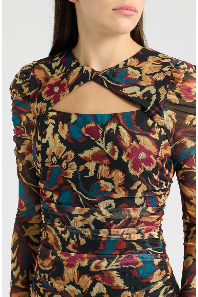 Floral Print Long Sleeve Mesh Midi Dress, Alternate, color, BLACK MULTI