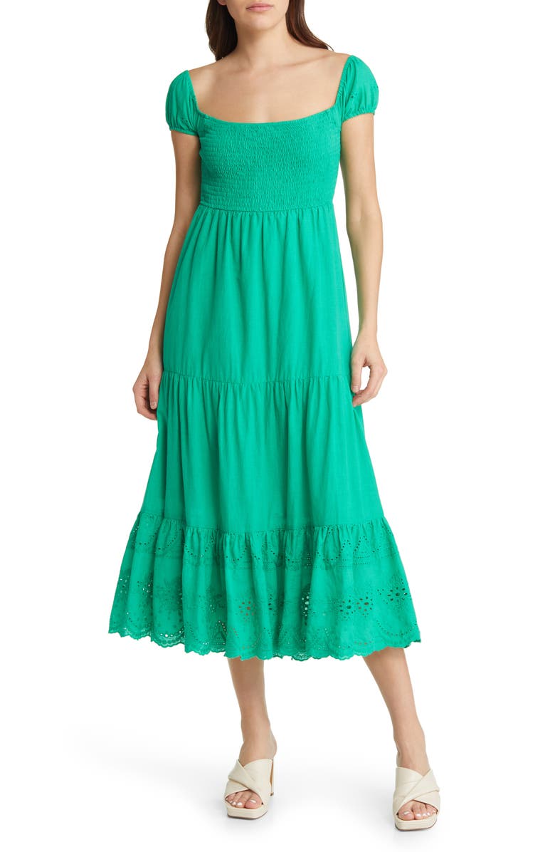 AREA STARS Coco Cotton Smocked Eyelet Midi Dress, Main, color,