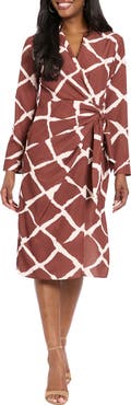 London Times Long Sleeve Faux Wrap Midi Dress