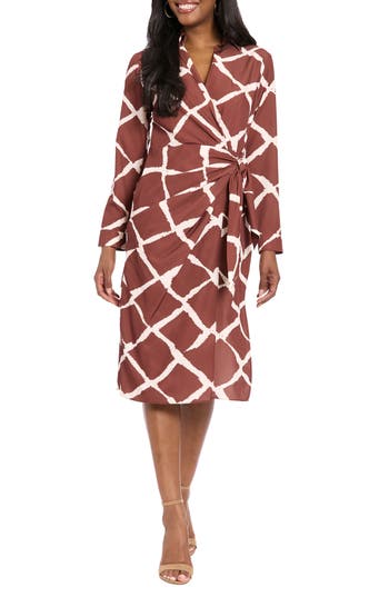 London Times Long Sleeve Faux Wrap Midi Dress In Multi